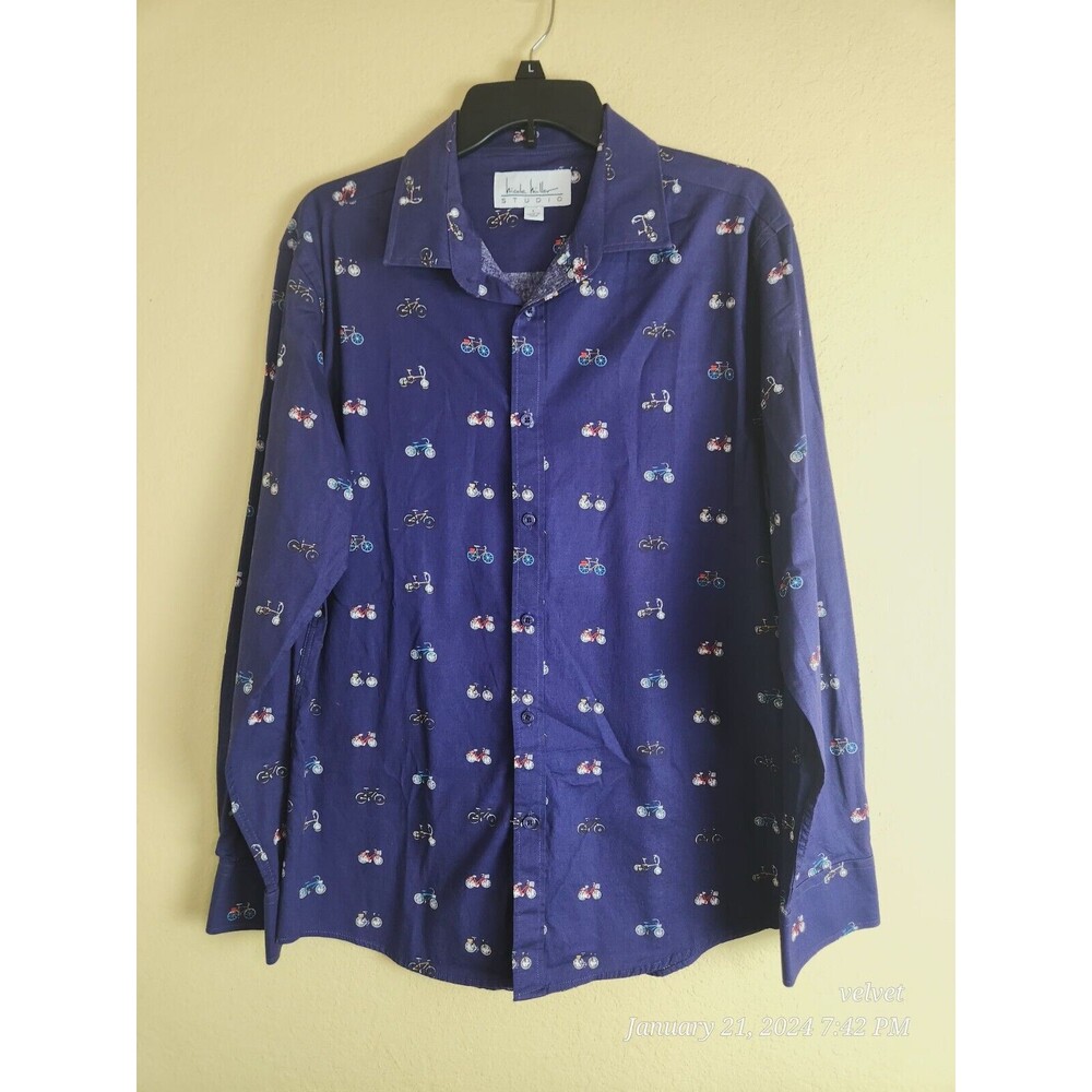 NICOLE MILLER STUDIO BICYCLE ALL OVER BUTTON UP DRESS SHIRT Blue Mens L